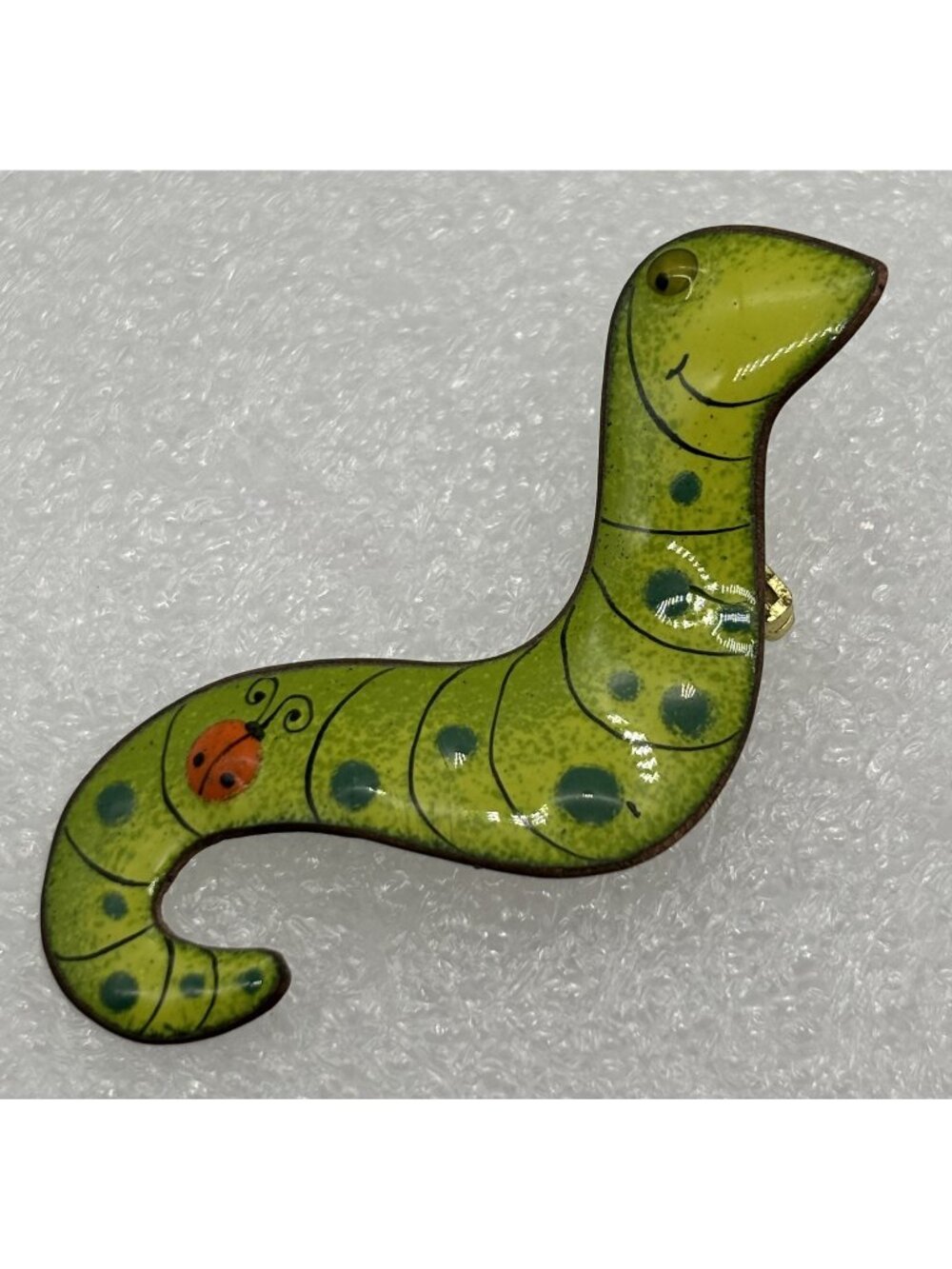 Vintage Nanci Caterpillar With Ladybug Brooch Enameled Copper Mid Century Signed